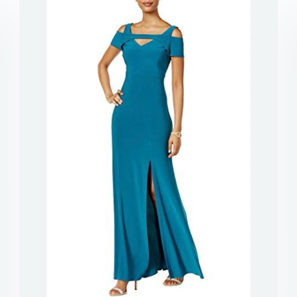Nightway Peacock/ Jade off the shoulder with sleeve long formal petite size 14